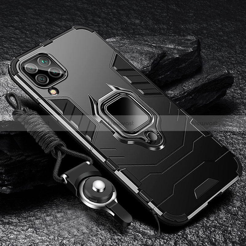 Silicone Matte Finish and Plastic Back Cover Case with Magnetic Finger Ring Stand R01 for Samsung Galaxy A42 5G Black