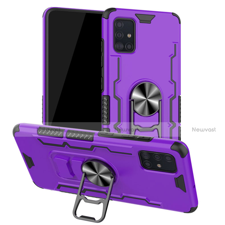 Silicone Matte Finish and Plastic Back Cover Case with Magnetic Finger Ring Stand R01 for Samsung Galaxy A51 5G