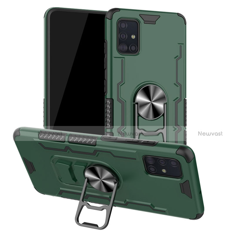 Silicone Matte Finish and Plastic Back Cover Case with Magnetic Finger Ring Stand R01 for Samsung Galaxy A51 5G Green