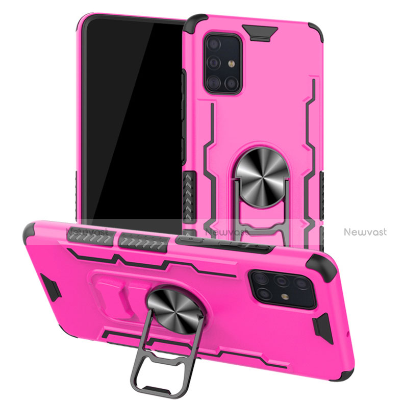 Silicone Matte Finish and Plastic Back Cover Case with Magnetic Finger Ring Stand R01 for Samsung Galaxy A51 5G Hot Pink