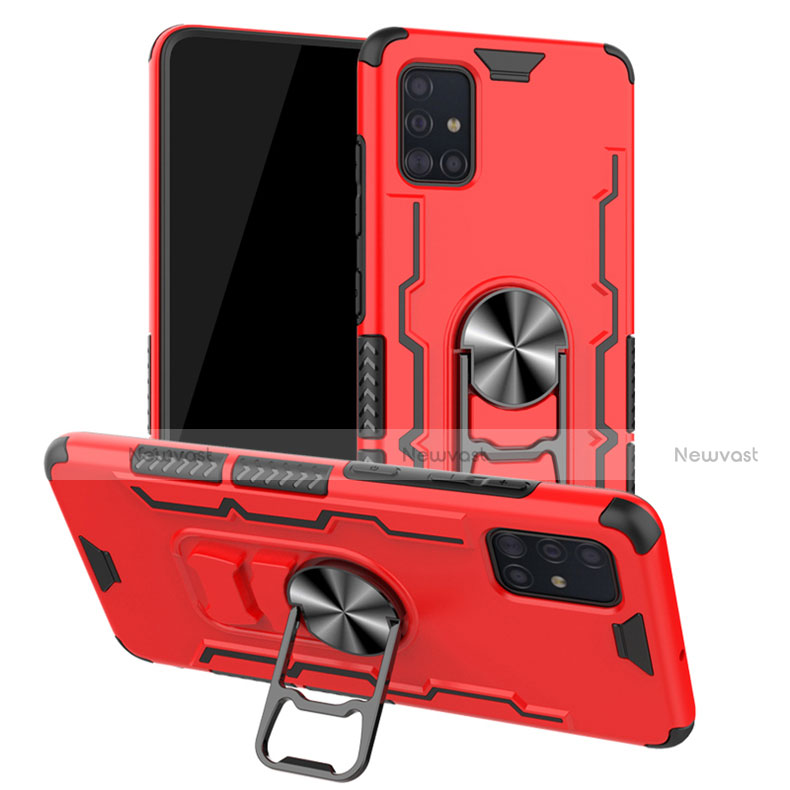Silicone Matte Finish and Plastic Back Cover Case with Magnetic Finger Ring Stand R01 for Samsung Galaxy A51 5G Red