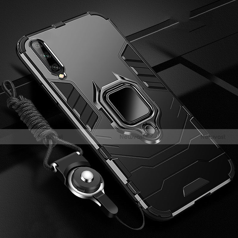 Silicone Matte Finish and Plastic Back Cover Case with Magnetic Finger Ring Stand R01 for Samsung Galaxy A70