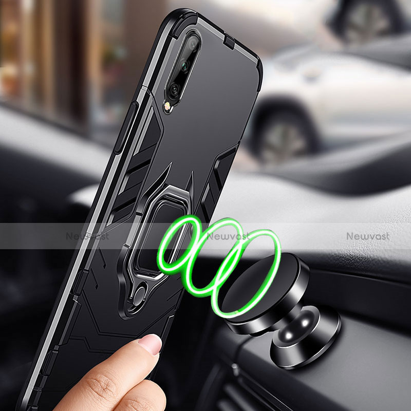 Silicone Matte Finish and Plastic Back Cover Case with Magnetic Finger Ring Stand R01 for Samsung Galaxy A70