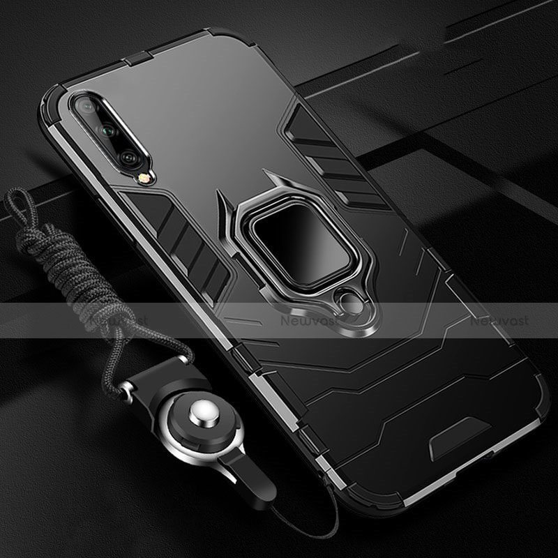 Silicone Matte Finish and Plastic Back Cover Case with Magnetic Finger Ring Stand R01 for Samsung Galaxy A70 Black