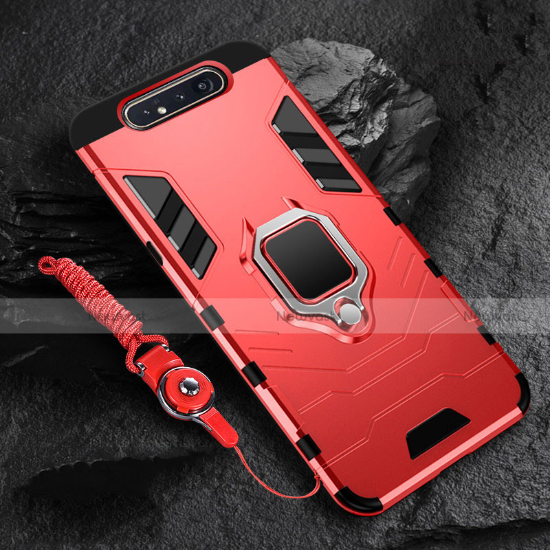 Silicone Matte Finish and Plastic Back Cover Case with Magnetic Finger Ring Stand R01 for Samsung Galaxy A90 4G