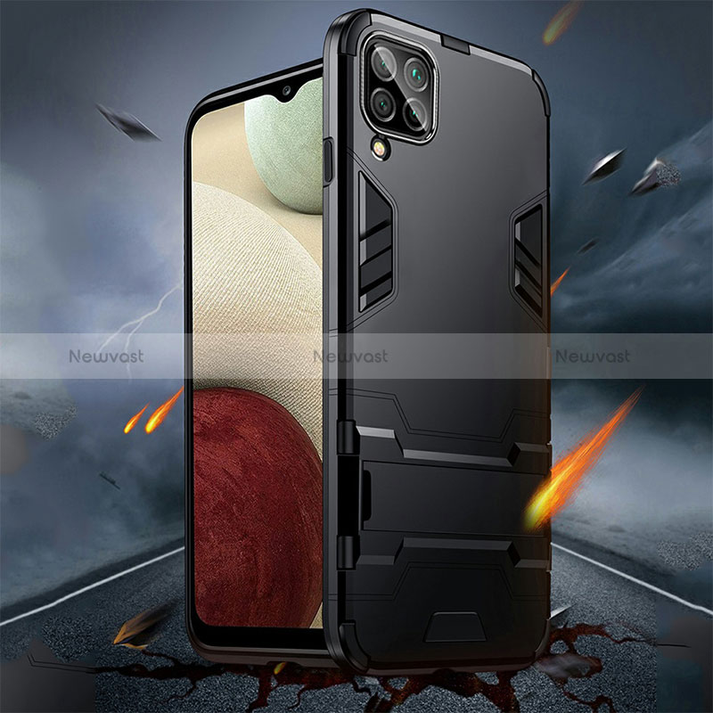 Silicone Matte Finish and Plastic Back Cover Case with Magnetic Finger Ring Stand R01 for Samsung Galaxy M22 4G