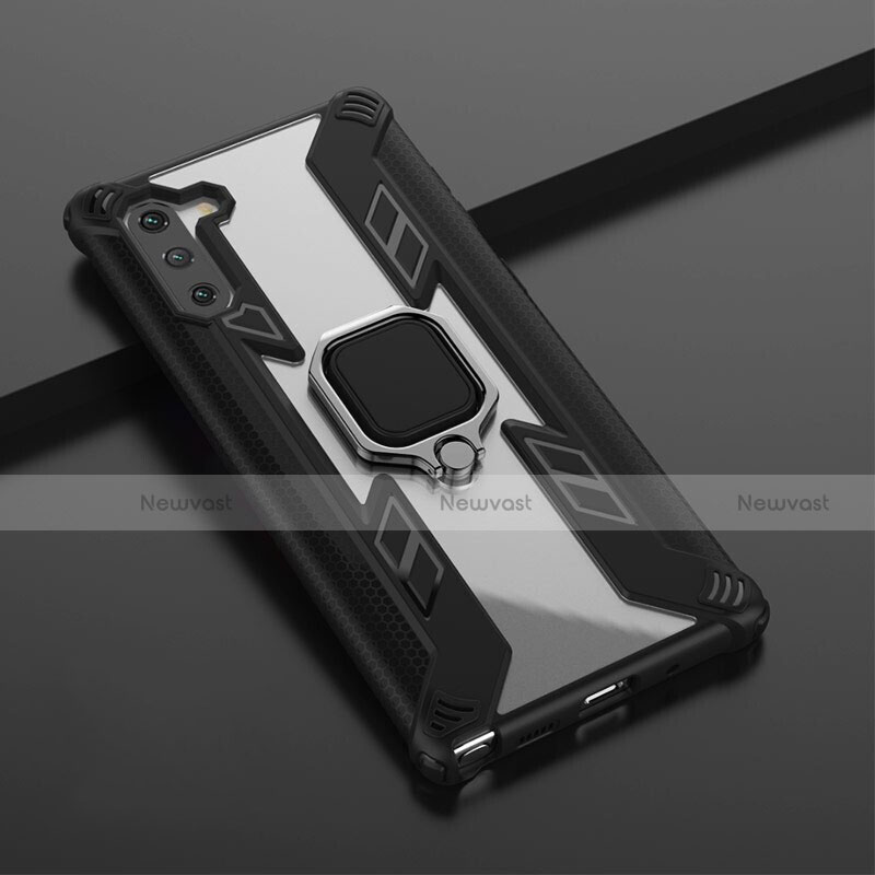 Silicone Matte Finish and Plastic Back Cover Case with Magnetic Finger Ring Stand R01 for Samsung Galaxy Note 10 Black
