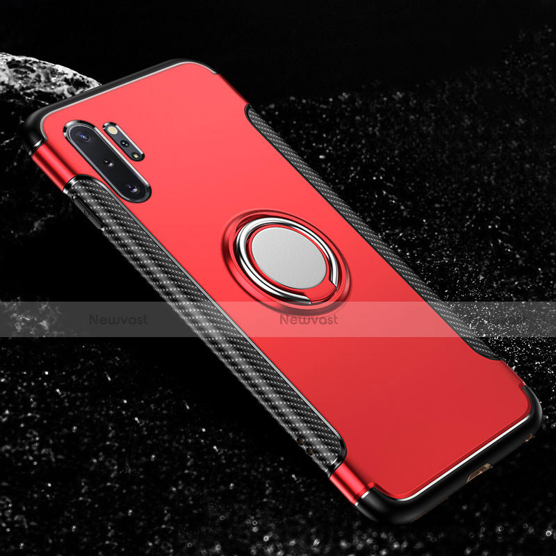 Silicone Matte Finish and Plastic Back Cover Case with Magnetic Finger Ring Stand R01 for Samsung Galaxy Note 10 Plus 5G Red