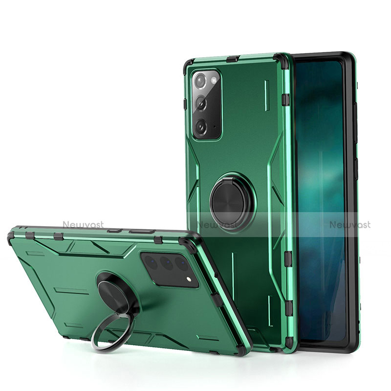 Silicone Matte Finish and Plastic Back Cover Case with Magnetic Finger Ring Stand R01 for Samsung Galaxy Note 20 5G Green
