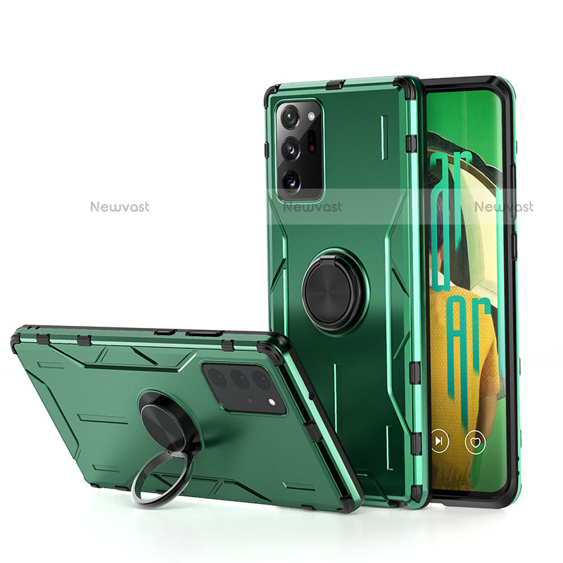 Silicone Matte Finish and Plastic Back Cover Case with Magnetic Finger Ring Stand R01 for Samsung Galaxy Note 20 Ultra 5G Green