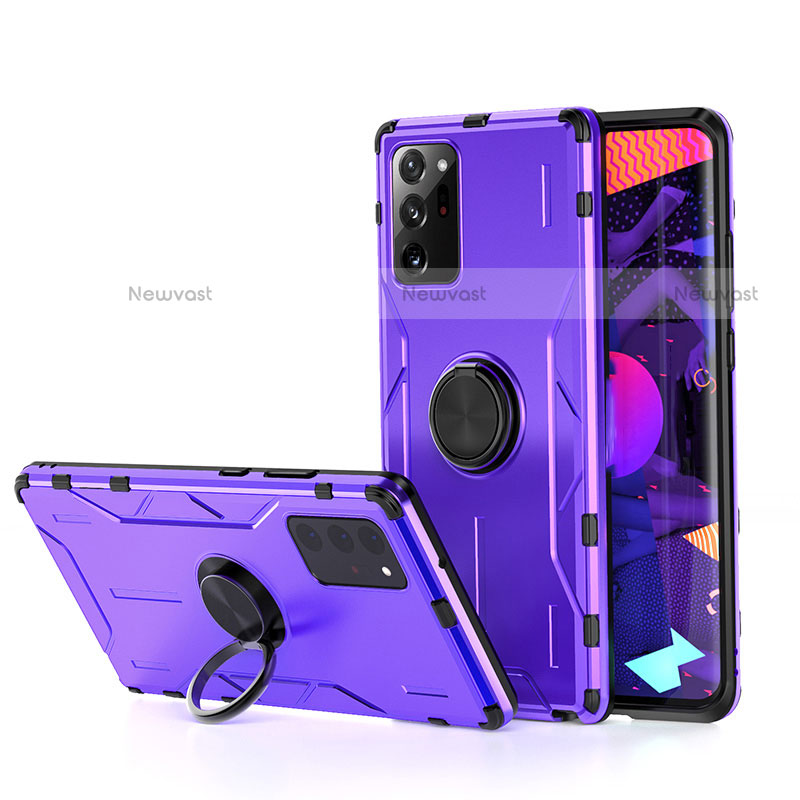 Silicone Matte Finish and Plastic Back Cover Case with Magnetic Finger Ring Stand R01 for Samsung Galaxy Note 20 Ultra 5G Purple