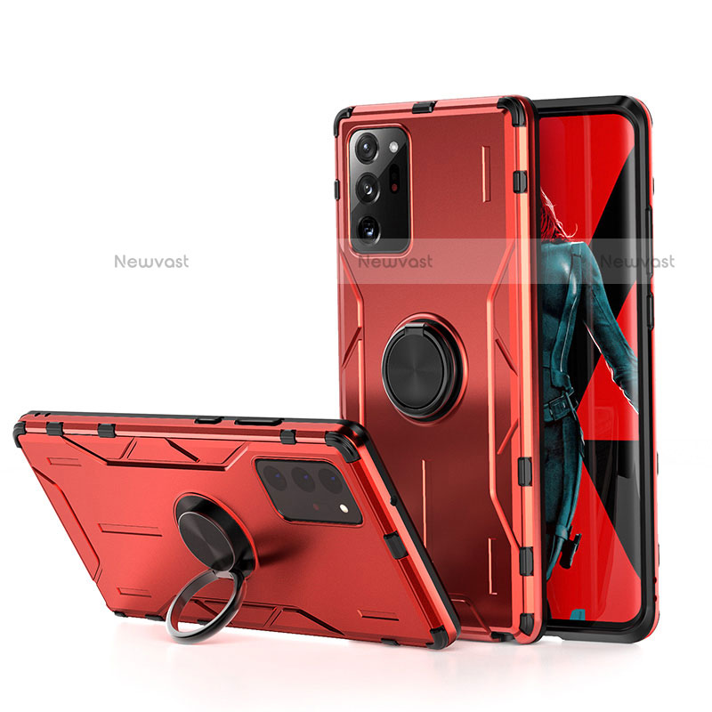 Silicone Matte Finish and Plastic Back Cover Case with Magnetic Finger Ring Stand R01 for Samsung Galaxy Note 20 Ultra 5G Red