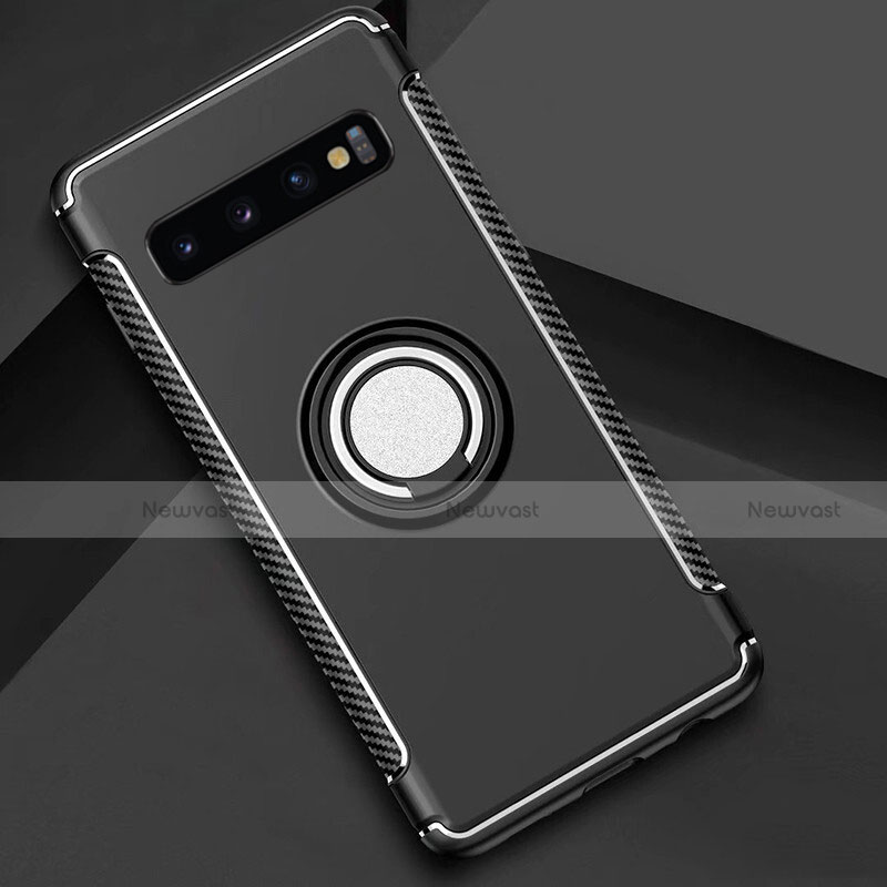 Silicone Matte Finish and Plastic Back Cover Case with Magnetic Finger Ring Stand R01 for Samsung Galaxy S10 Plus