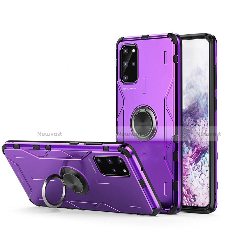 Silicone Matte Finish and Plastic Back Cover Case with Magnetic Finger Ring Stand R01 for Samsung Galaxy S20 Plus 5G Purple