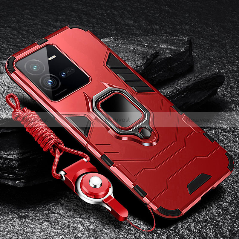 Silicone Matte Finish and Plastic Back Cover Case with Magnetic Finger Ring Stand R01 for Vivo V25 5G Red