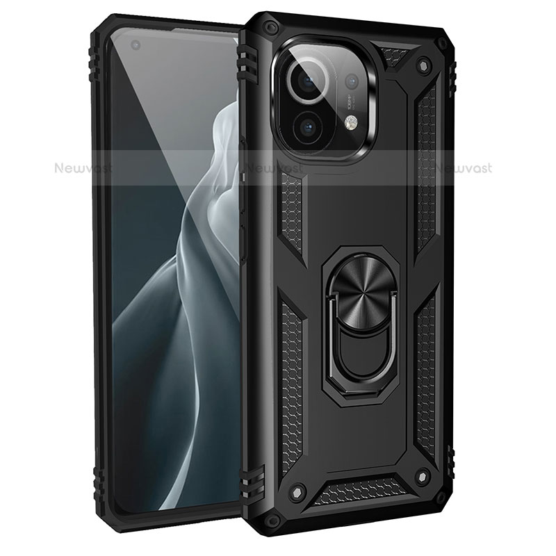 Silicone Matte Finish and Plastic Back Cover Case with Magnetic Finger Ring Stand R01 for Xiaomi Mi 11 5G Black