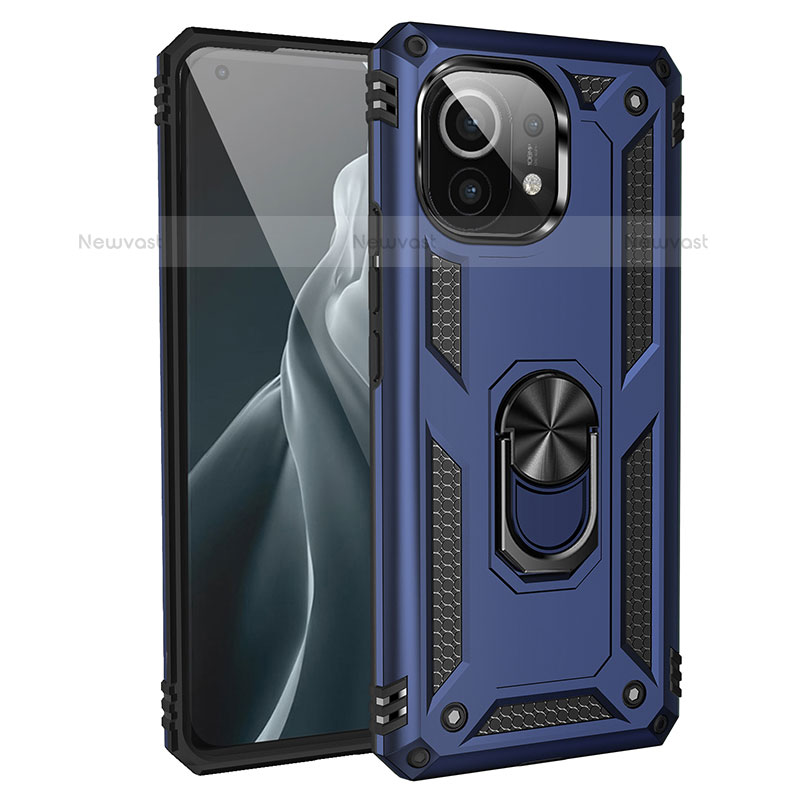 Silicone Matte Finish and Plastic Back Cover Case with Magnetic Finger Ring Stand R01 for Xiaomi Mi 11 5G Blue