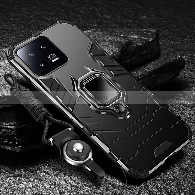 Silicone Matte Finish and Plastic Back Cover Case with Magnetic Finger Ring Stand R01 for Xiaomi Mi 13 5G
