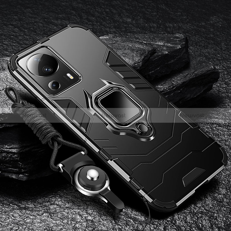 Silicone Matte Finish and Plastic Back Cover Case with Magnetic Finger Ring Stand R01 for Xiaomi Mi 13 Lite 5G