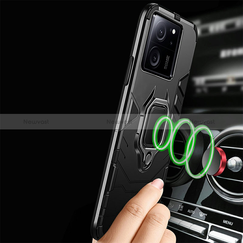 Silicone Matte Finish and Plastic Back Cover Case with Magnetic Finger Ring Stand R01 for Xiaomi Mi 13T Pro 5G