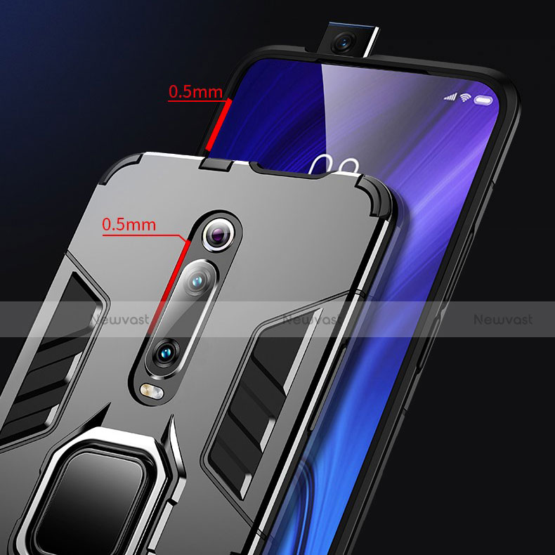 Silicone Matte Finish and Plastic Back Cover Case with Magnetic Finger Ring Stand R01 for Xiaomi Mi 9T