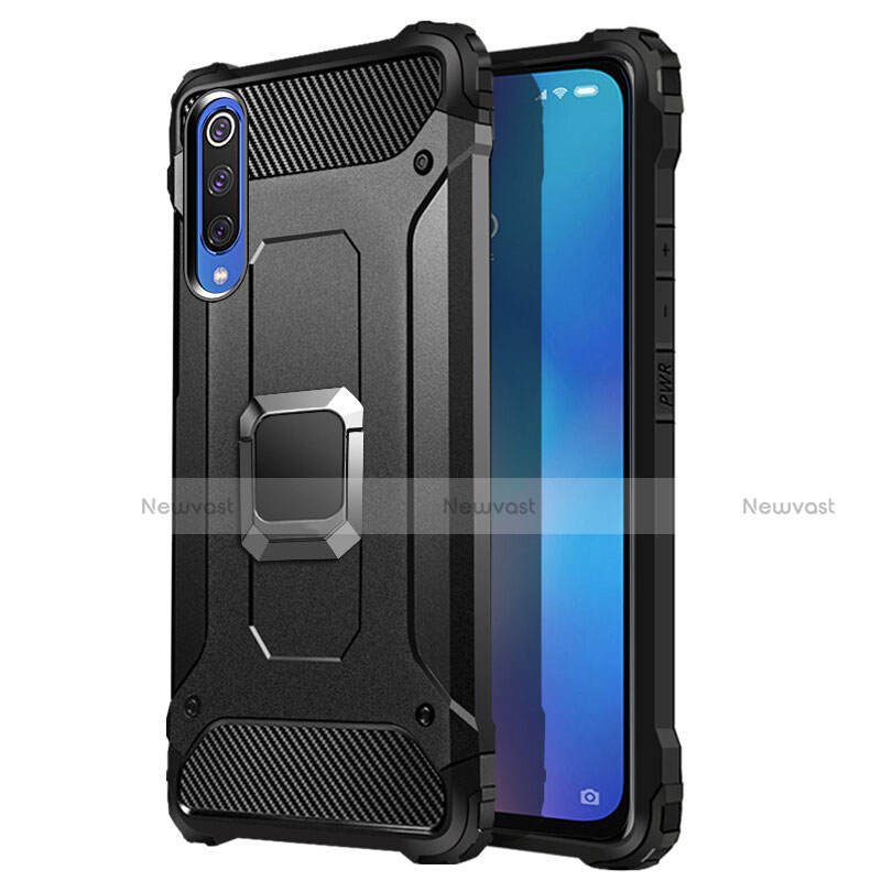 Silicone Matte Finish and Plastic Back Cover Case with Magnetic Finger Ring Stand R01 for Xiaomi Mi A3