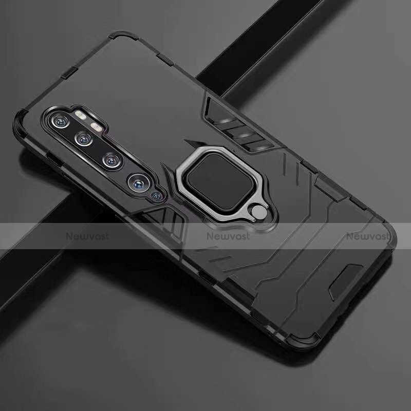 Silicone Matte Finish and Plastic Back Cover Case with Magnetic Finger Ring Stand R01 for Xiaomi Mi Note 10 Black
