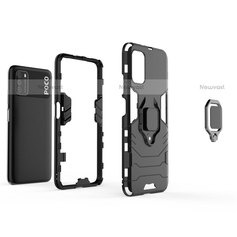 Silicone Matte Finish and Plastic Back Cover Case with Magnetic Finger Ring Stand R01 for Xiaomi Poco M3