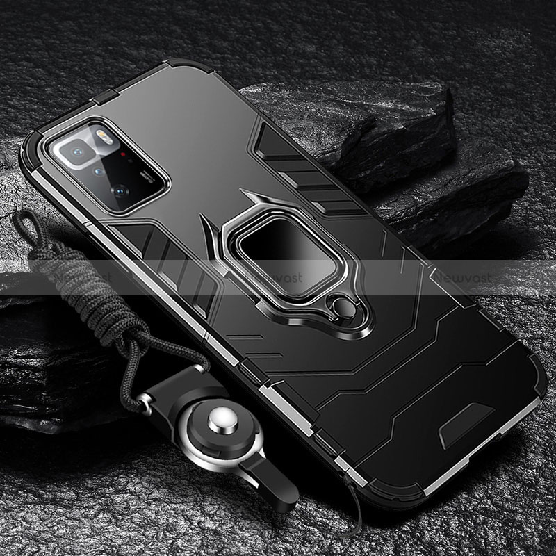 Silicone Matte Finish and Plastic Back Cover Case with Magnetic Finger Ring Stand R01 for Xiaomi Poco X3 GT 5G Black