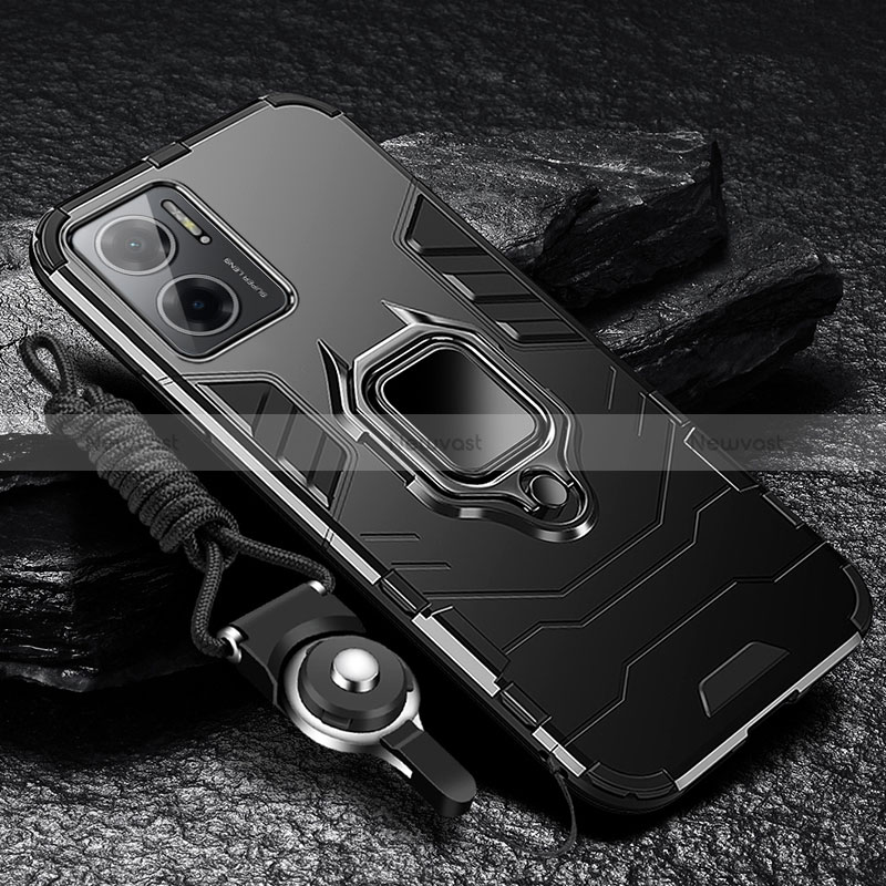 Silicone Matte Finish and Plastic Back Cover Case with Magnetic Finger Ring Stand R01 for Xiaomi Redmi 10 Prime Plus 5G Black