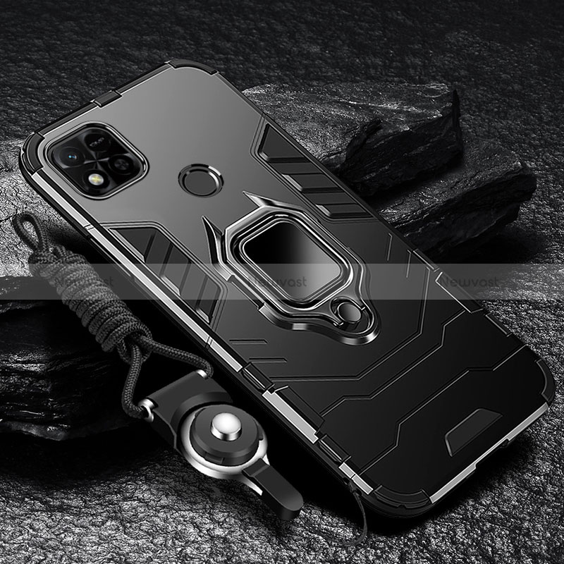 Silicone Matte Finish and Plastic Back Cover Case with Magnetic Finger Ring Stand R01 for Xiaomi Redmi 10A 4G