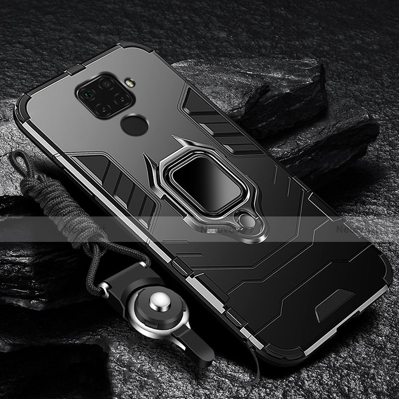 Silicone Matte Finish and Plastic Back Cover Case with Magnetic Finger Ring Stand R01 for Xiaomi Redmi 10X 4G Black