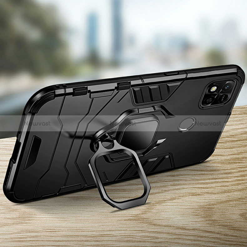 Silicone Matte Finish and Plastic Back Cover Case with Magnetic Finger Ring Stand R01 for Xiaomi Redmi 9 India