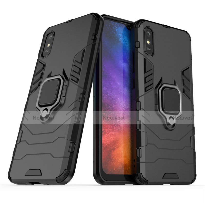 Silicone Matte Finish and Plastic Back Cover Case with Magnetic Finger Ring Stand R01 for Xiaomi Redmi 9AT