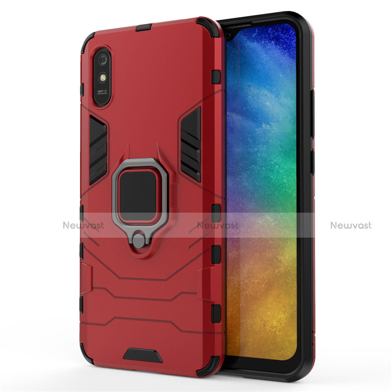 Silicone Matte Finish and Plastic Back Cover Case with Magnetic Finger Ring Stand R01 for Xiaomi Redmi 9AT Red