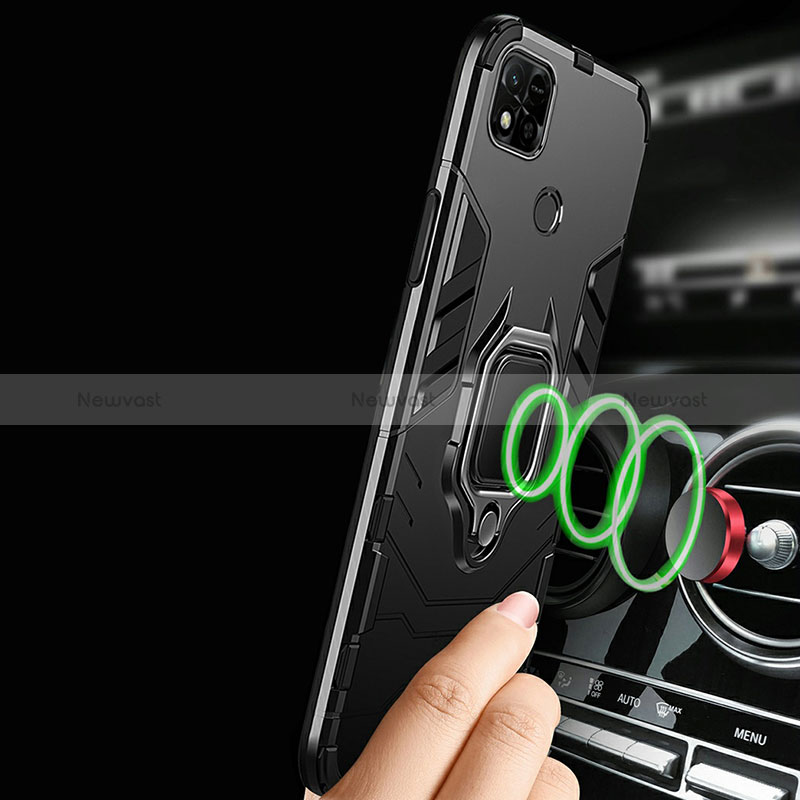 Silicone Matte Finish and Plastic Back Cover Case with Magnetic Finger Ring Stand R01 for Xiaomi Redmi 9C