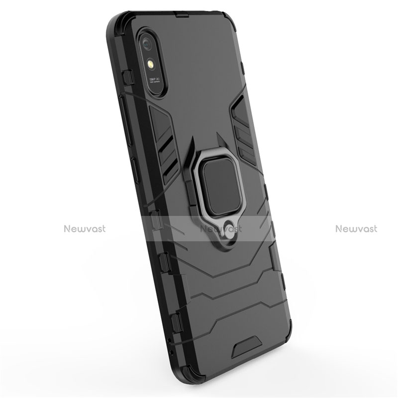 Silicone Matte Finish and Plastic Back Cover Case with Magnetic Finger Ring Stand R01 for Xiaomi Redmi 9i