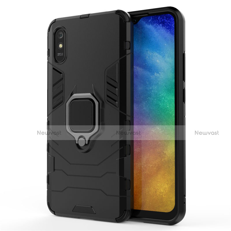 Silicone Matte Finish and Plastic Back Cover Case with Magnetic Finger Ring Stand R01 for Xiaomi Redmi 9i Black