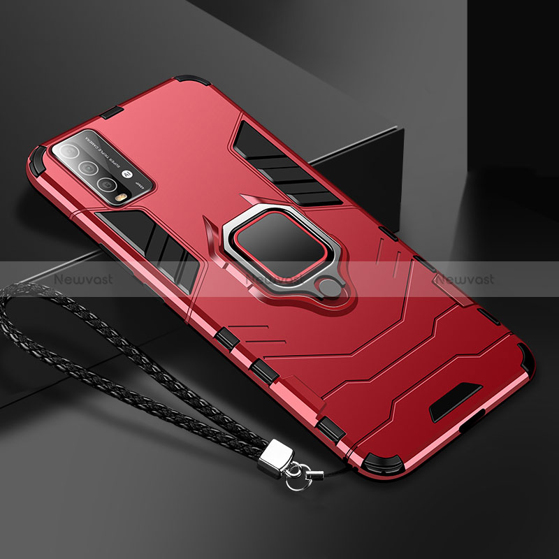Silicone Matte Finish and Plastic Back Cover Case with Magnetic Finger Ring Stand R01 for Xiaomi Redmi 9T 4G