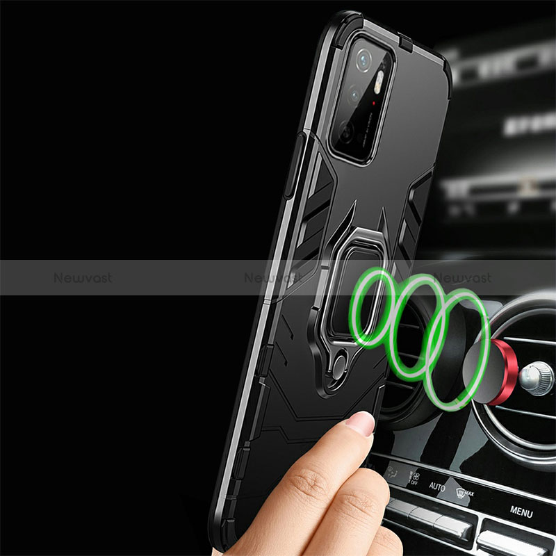Silicone Matte Finish and Plastic Back Cover Case with Magnetic Finger Ring Stand R01 for Xiaomi Redmi Note 11 SE 5G