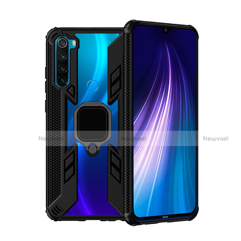 Silicone Matte Finish and Plastic Back Cover Case with Magnetic Finger Ring Stand R01 for Xiaomi Redmi Note 8 (2021)