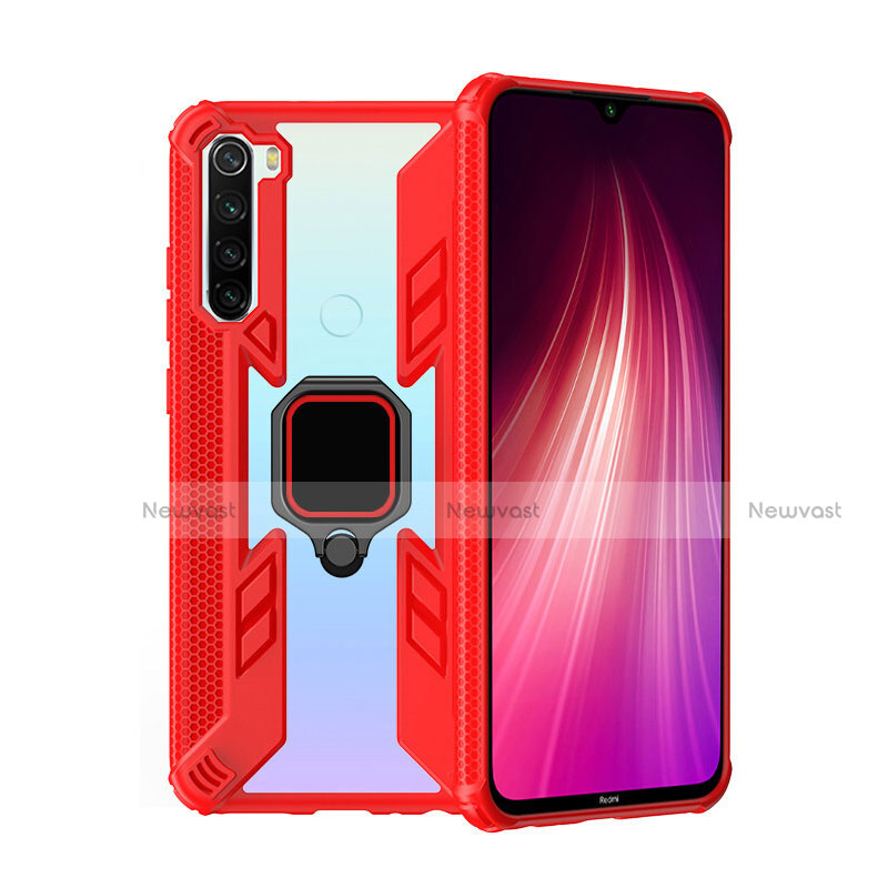 Silicone Matte Finish and Plastic Back Cover Case with Magnetic Finger Ring Stand R01 for Xiaomi Redmi Note 8 (2021) Red