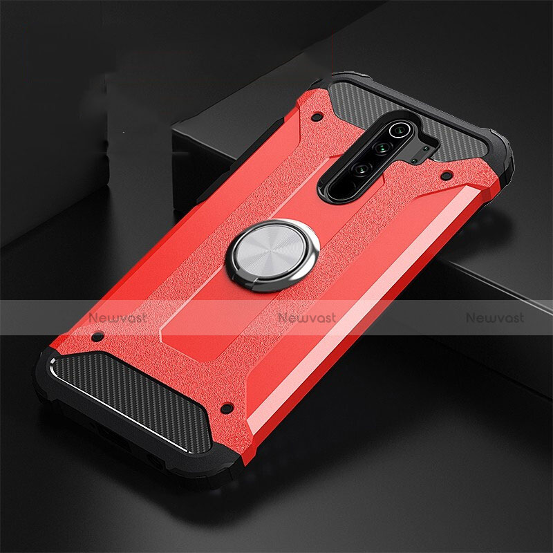 Silicone Matte Finish and Plastic Back Cover Case with Magnetic Finger Ring Stand R01 for Xiaomi Redmi Note 8 Pro