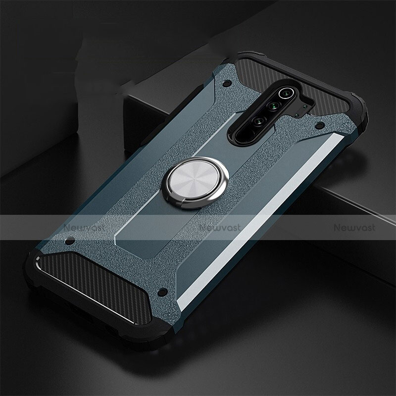 Silicone Matte Finish and Plastic Back Cover Case with Magnetic Finger Ring Stand R01 for Xiaomi Redmi Note 8 Pro Blue