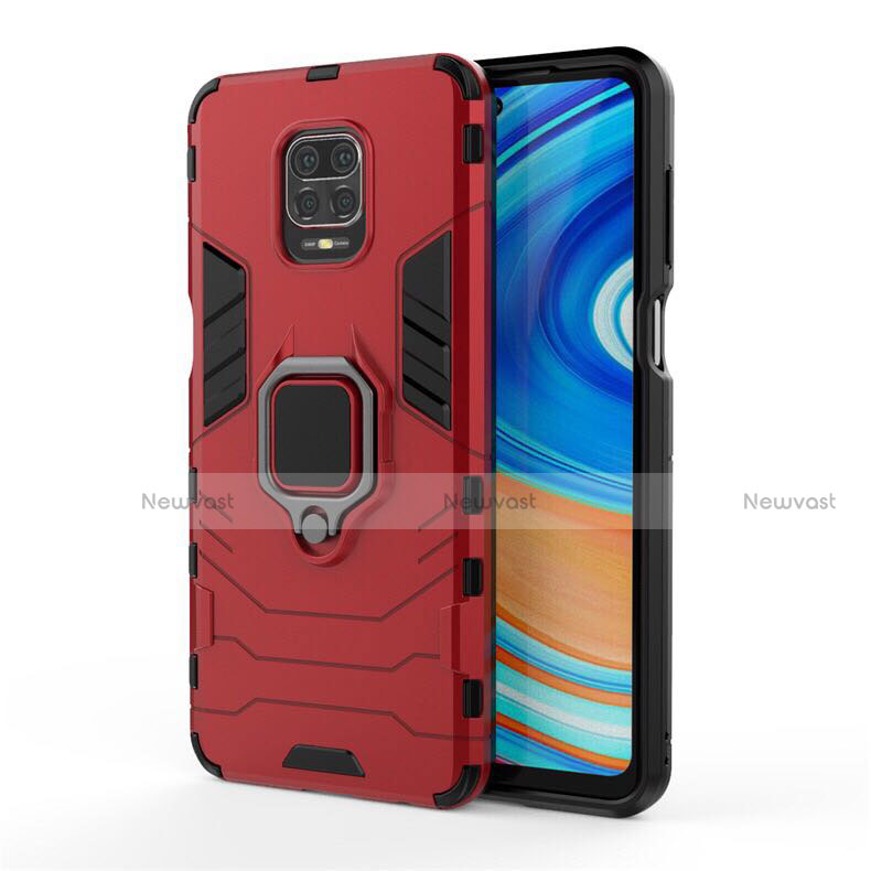 Silicone Matte Finish and Plastic Back Cover Case with Magnetic Finger Ring Stand R01 for Xiaomi Redmi Note 9 Pro Max Red