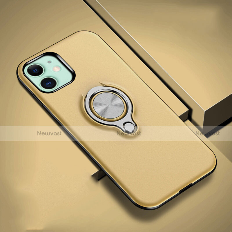 Silicone Matte Finish and Plastic Back Cover Case with Magnetic Finger Ring Stand R02 for Apple iPhone 11 Gold