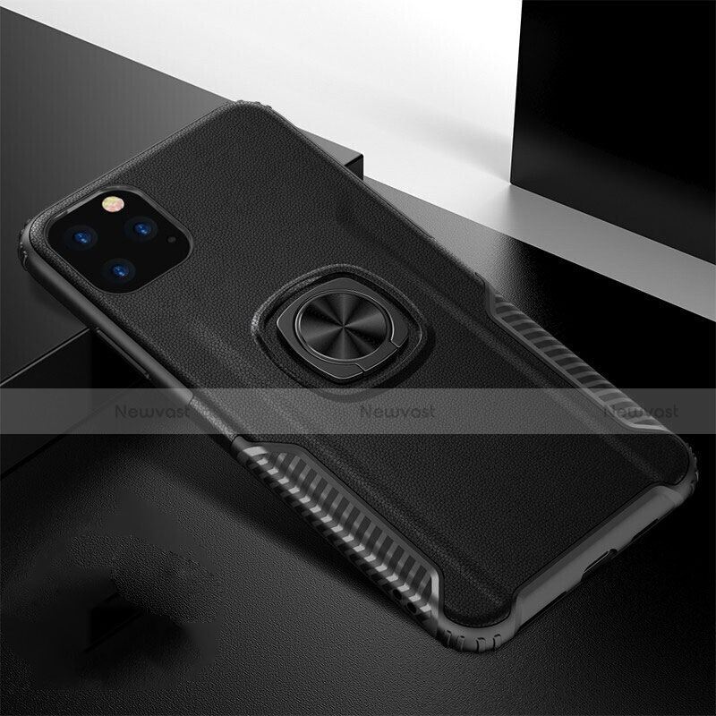 Silicone Matte Finish and Plastic Back Cover Case with Magnetic Finger Ring Stand R02 for Apple iPhone 11 Pro Black