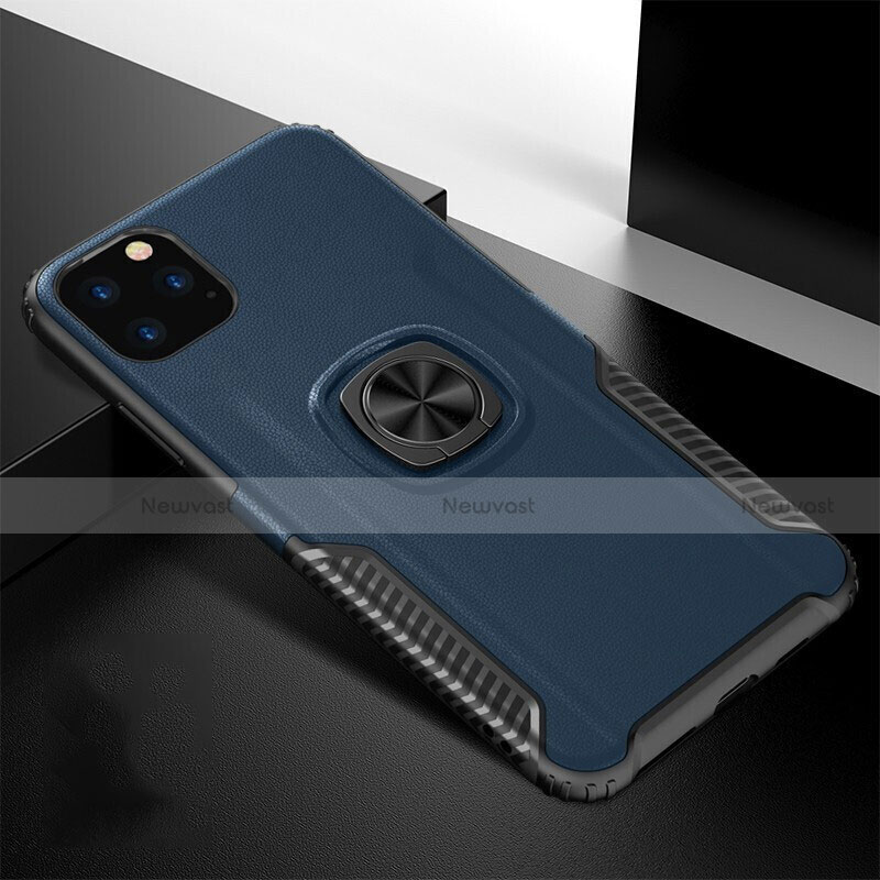 Silicone Matte Finish and Plastic Back Cover Case with Magnetic Finger Ring Stand R02 for Apple iPhone 11 Pro Blue