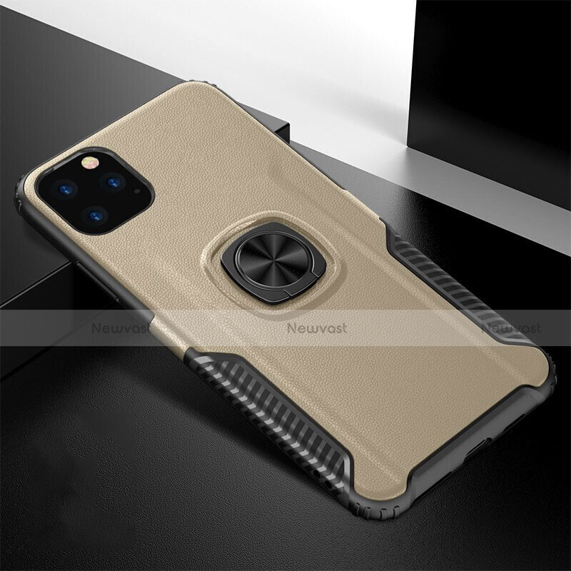 Silicone Matte Finish and Plastic Back Cover Case with Magnetic Finger Ring Stand R02 for Apple iPhone 11 Pro Gold
