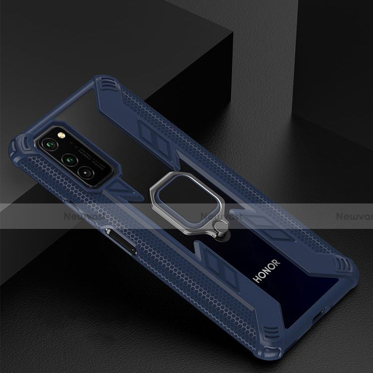 Silicone Matte Finish and Plastic Back Cover Case with Magnetic Finger Ring Stand R02 for Huawei Honor View 30 5G